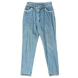 Vintage 90s Grommet Silver Ribbon Light Wash Blue High Rise Mom Jeans size 6